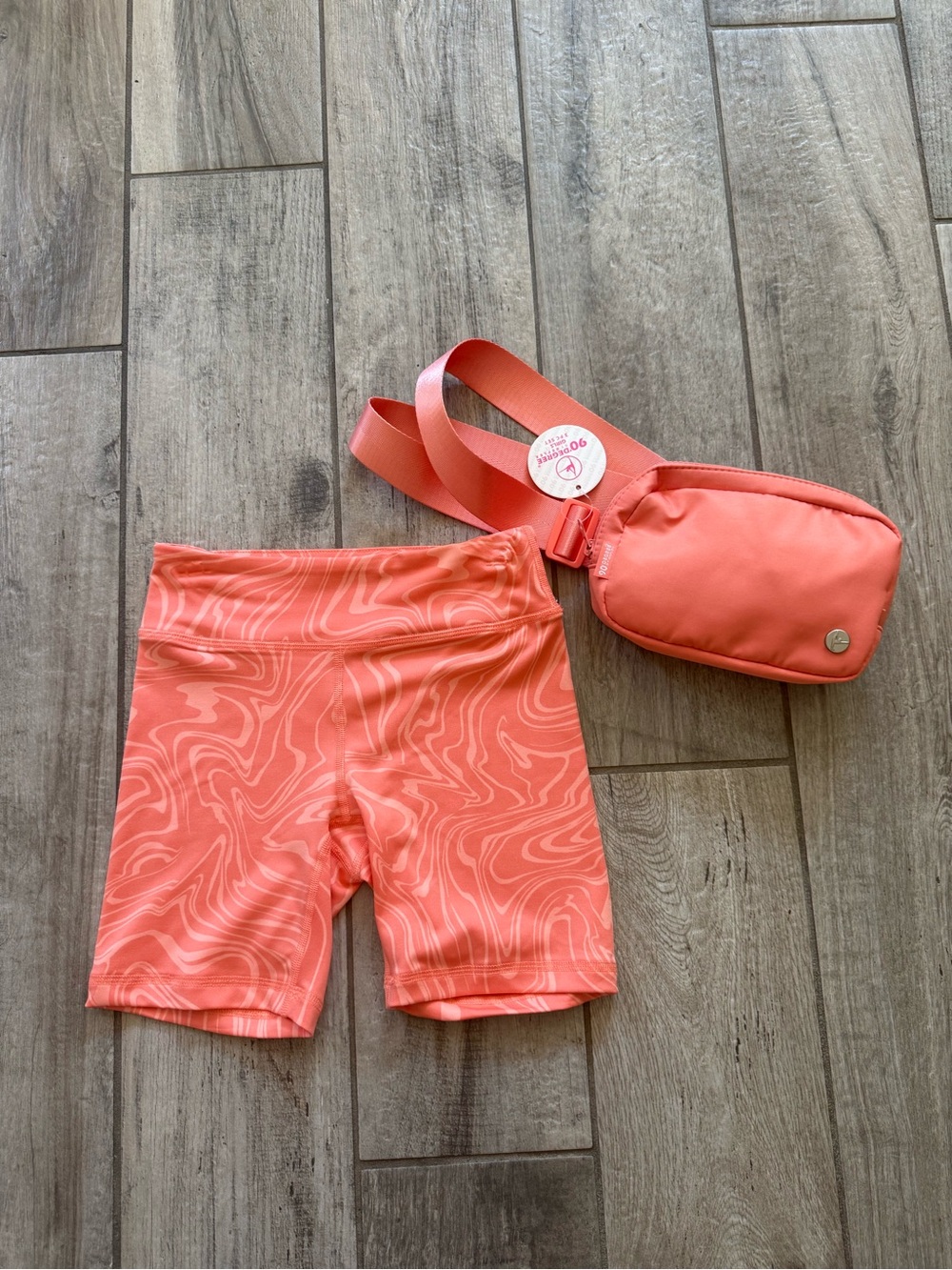 90 Degree By Reflex Coral Pink Marble Bike Shorts and Crossbody Bag Set